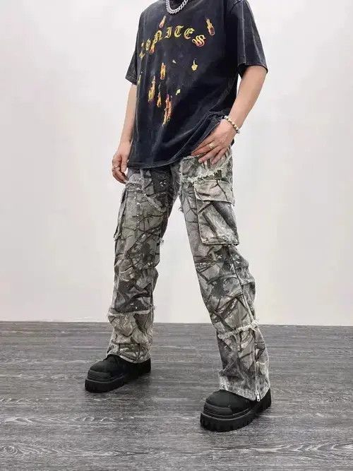 Jean Retro camouflage irregular raw edge work jeans Size US 32 / EU 48 - 1 Thumbnail
