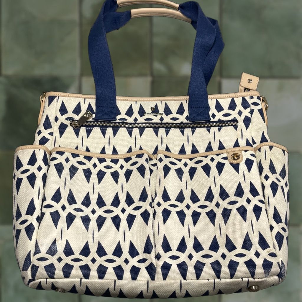 Vintage SPARTINA 449 Daufuskie Island Tybrisa Colypso Diaper Bag, Natural Linen/Leather Handbag Blue/White Exterior Lined Women Size ONE SIZE - 1 Thumbnail