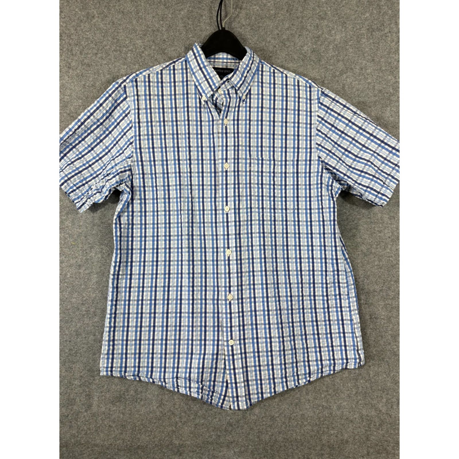 Lands' End Lands' End Camp Shirt Mens M White Blue Plaid Seersucker Traditional Fit Shirt Short Sleeve Button-Up Casual Travel Mens Size US M / EU 48-50 / 2 - 3 Thumbnail