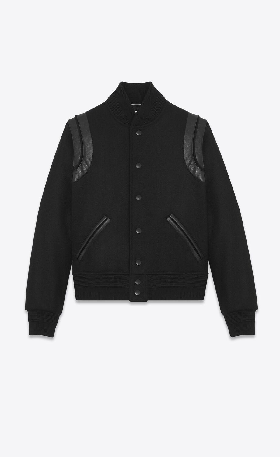 image of YVES Saint Laurent Leather Teddy Varsity Jacket in Black, Men's (Size Medium)
