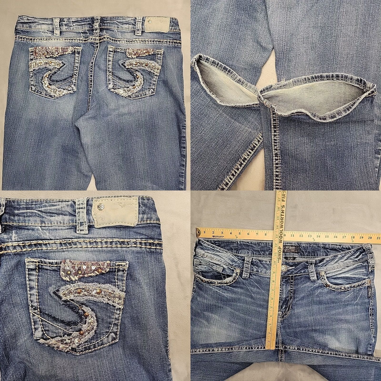 Silver Jeans Co. VINTAGE Silver Jeans Womens 20 Tall Suki Slim Bootcut Stretch Blend Thick Stitch Cowboy Jeans Blue 34in Inseam with Belt Loops Womens Size 42" / US 20 - 9 Thumbnail