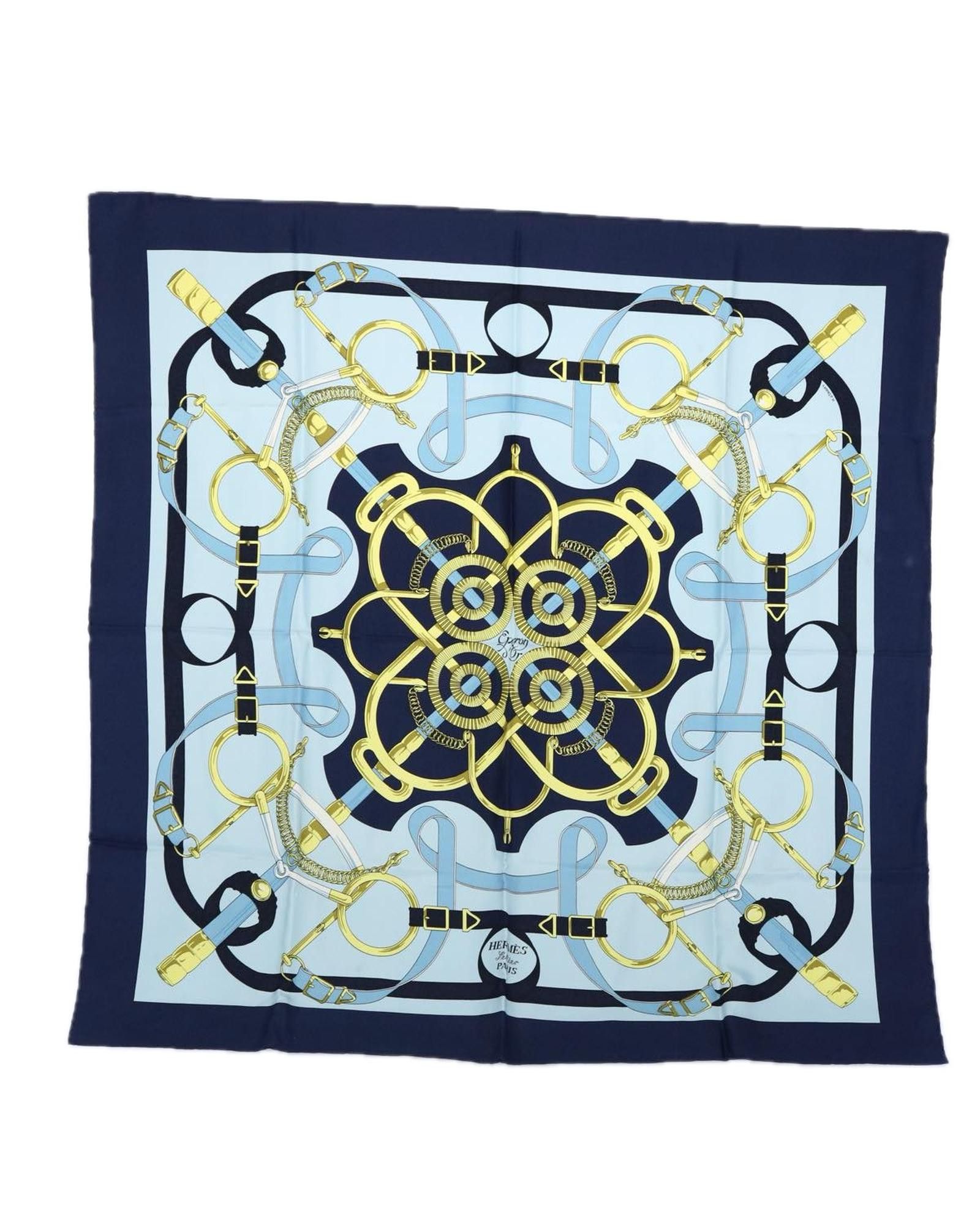 image of Navy Silk Scarf With Equestrian Print By Hermes, Women's