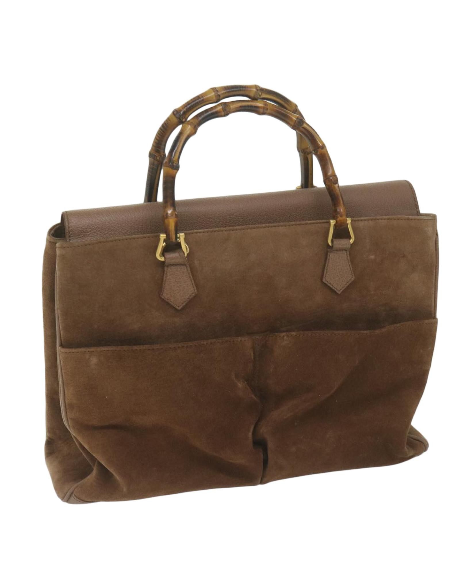 image of Gucci Suede Brown Hand Bag With Bamboo Handle, Women's