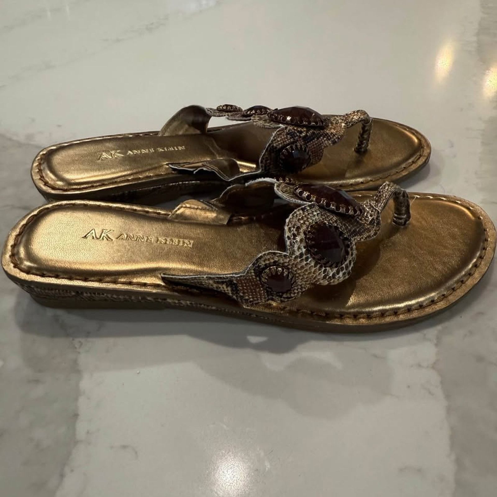 Anne Klein Anne Klein Gold Thong Sandals Womens 8 Embellished Snakeskin Size US 8 / IT 38 - 2 Thumbnail