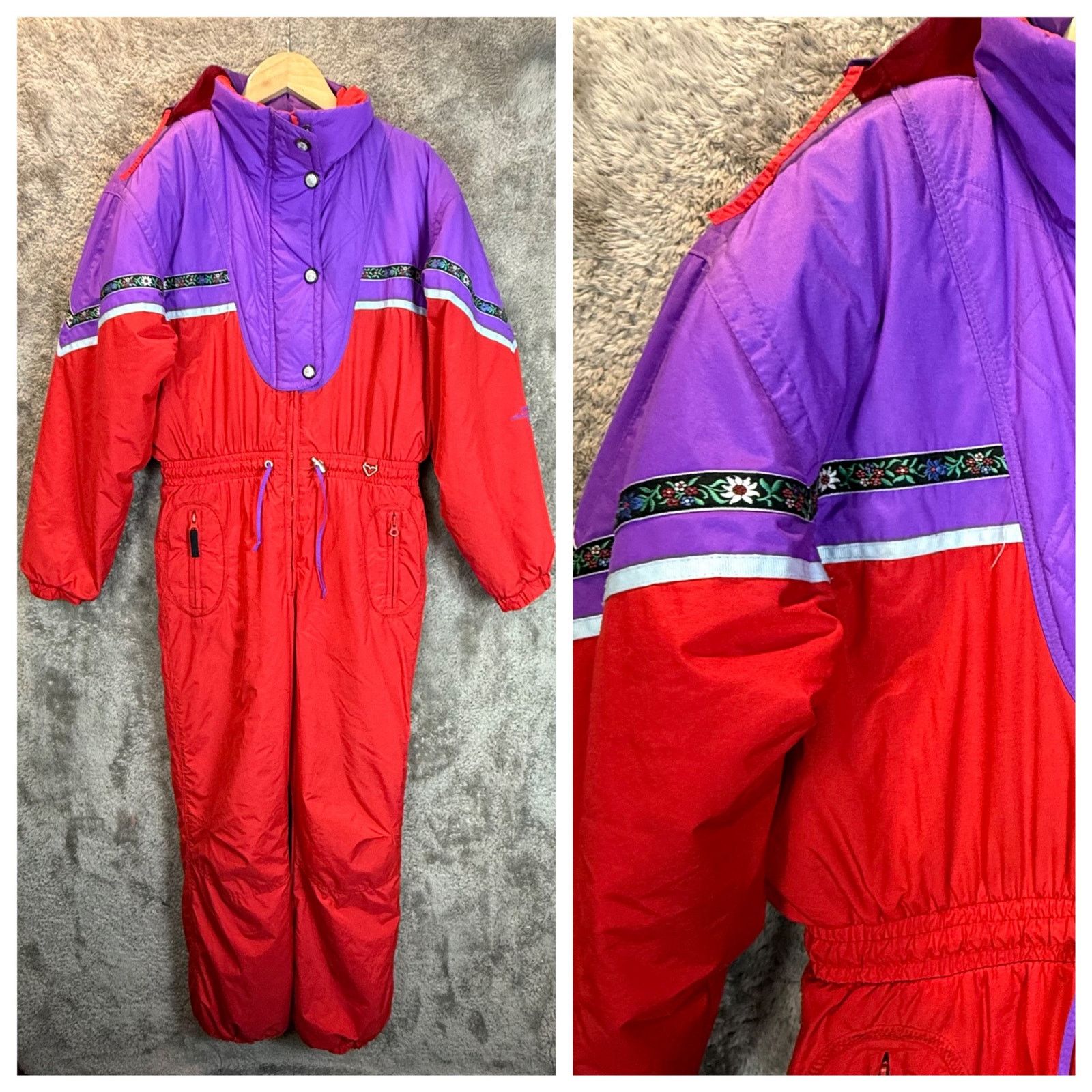 Obermeyer VTG 80s Obermeyer Snowsuit Women Girls Red Purple Ski Bib Size ONE SIZE - 1 Thumbnail