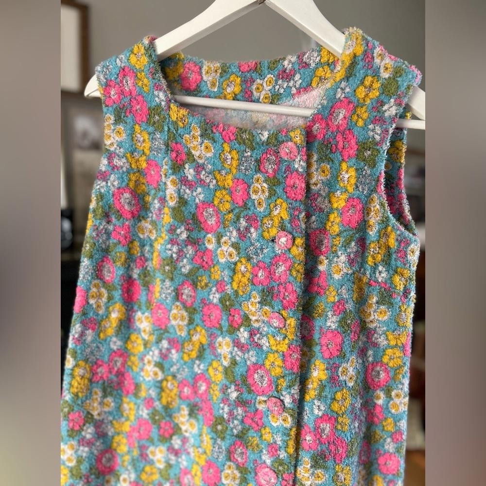 Designer Vintage terry cloth floral 1970s women's smock dress Size L / US 10 / IT 46 - 2 Thumbnail