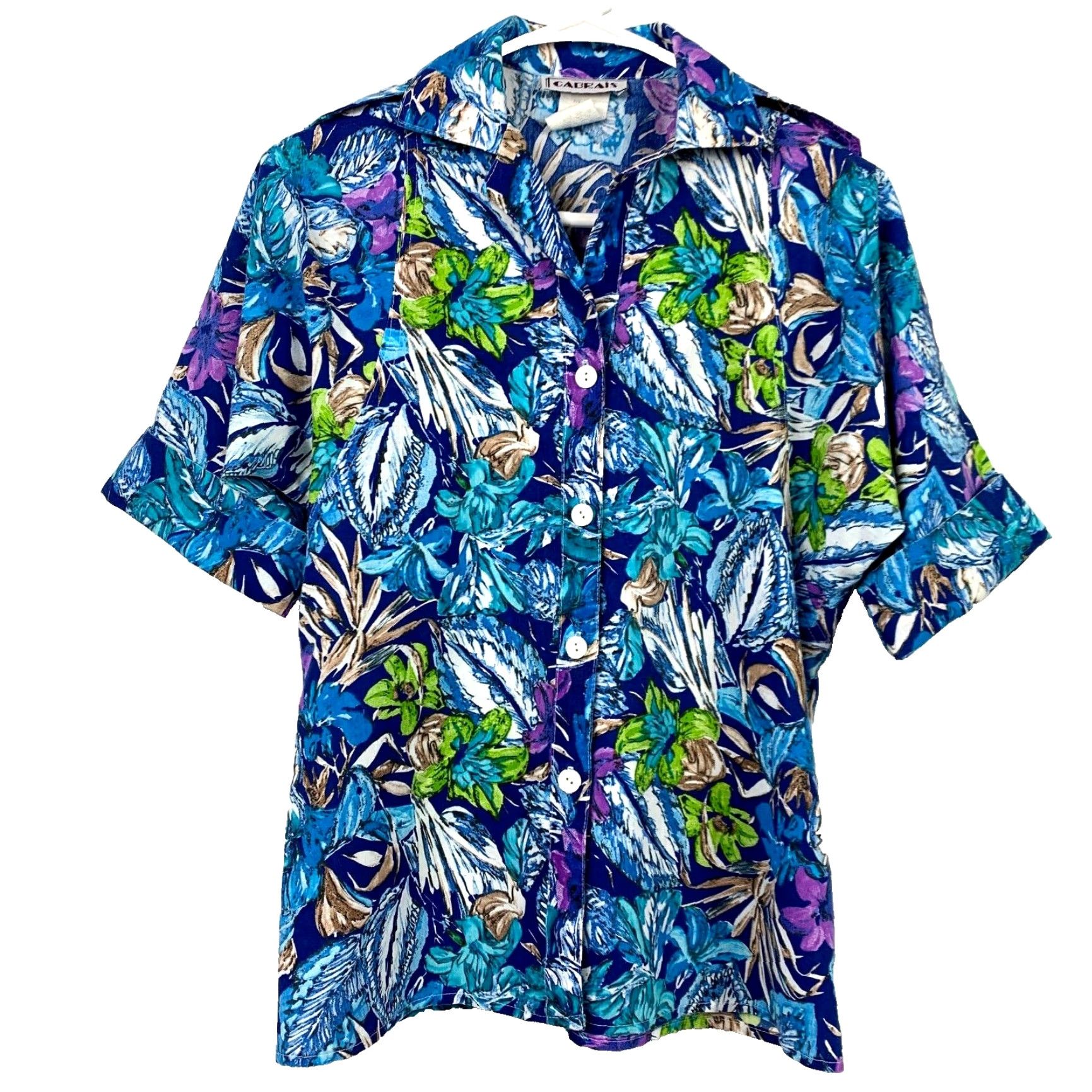 Vintage VINTAGE Cabrais Tropical Hawaiian Floral Button Up Camp Shirt Womens 4 Blue 1990s Cotton Blend Shirt Womens 90s Girls? Size S / US 4 / IT 40 - 2 Thumbnail