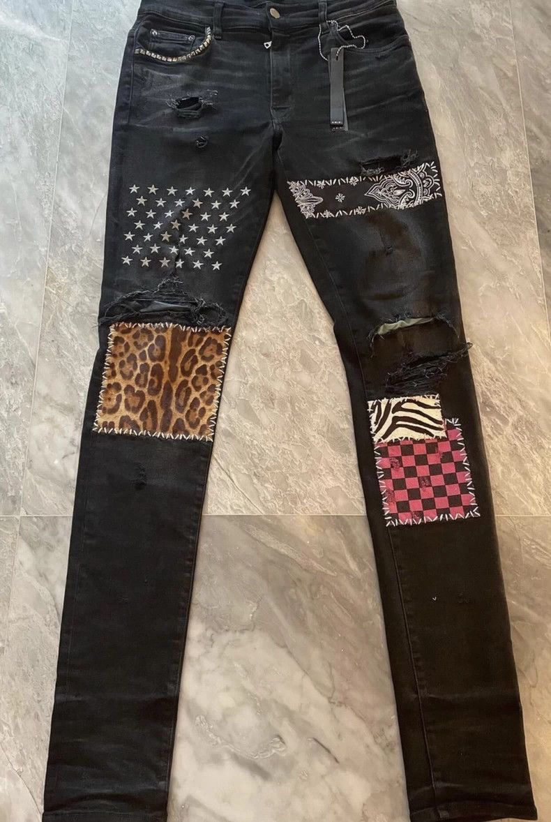 Amiri Amiri leopard print chessboard grid multi-element patched Size US 31 - 1 Thumbnail