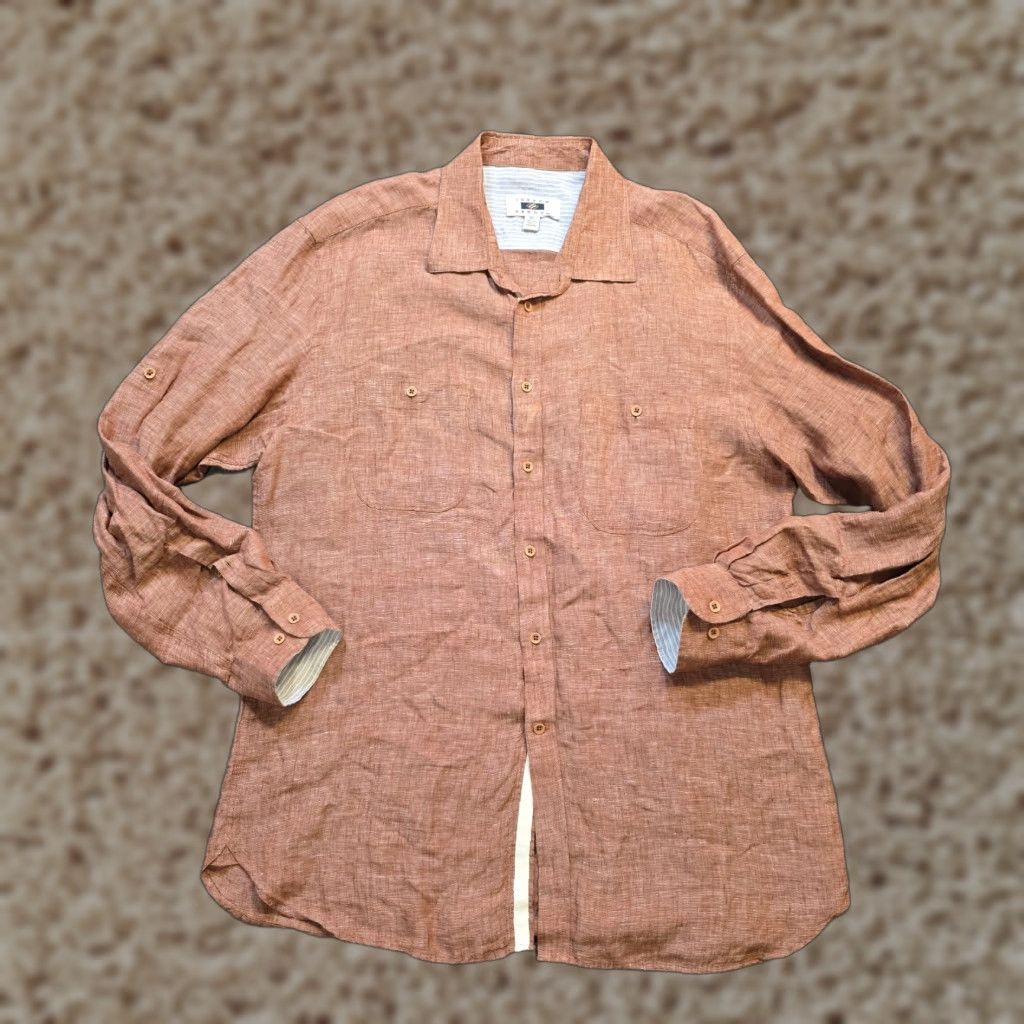 Joseph Abboud Joseph Abboud Shirt Mens XL Orange Linen Striped Button Long Sleeve Career Size US XL / EU 56 / 4 - 1 Thumbnail