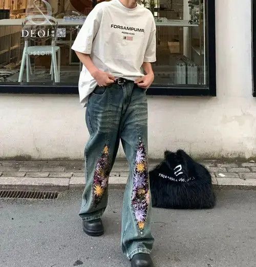 Jean Baggy Patchwork Embellished Wide Leg Jeans Size US 32 / EU 48 - 3 Thumbnail