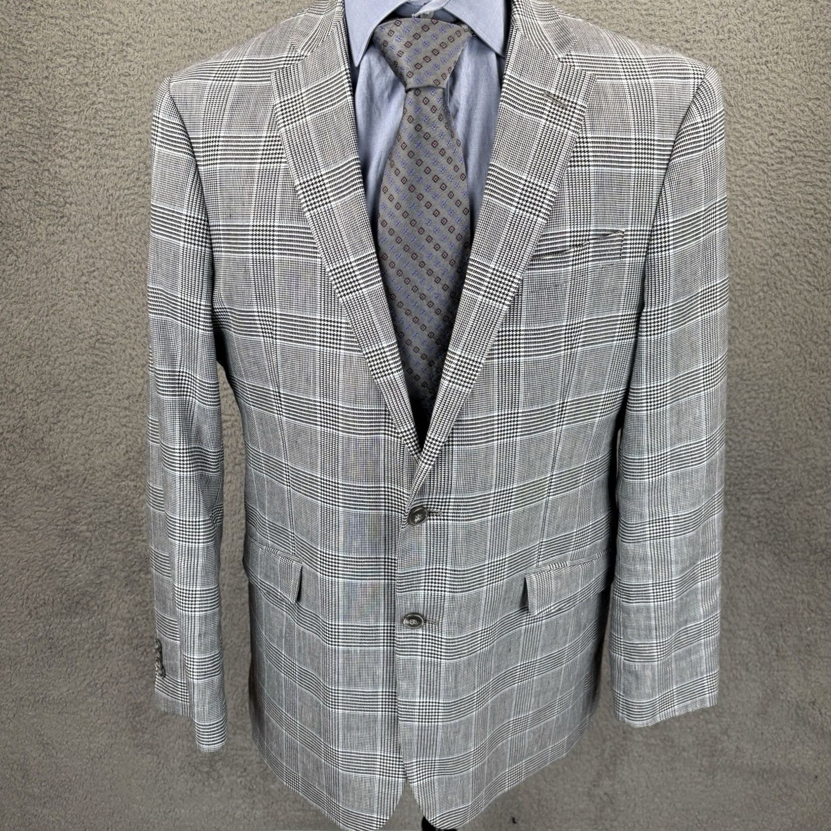 Jos. A. Bank Jos A Bank Blazer Mens 40L White Navy Glen Plaid Sport Coat Cotton Linen Blend Regular Long Notch JAB 80s 90s Classic Designer USA Mens Size 40R - 3 Thumbnail
