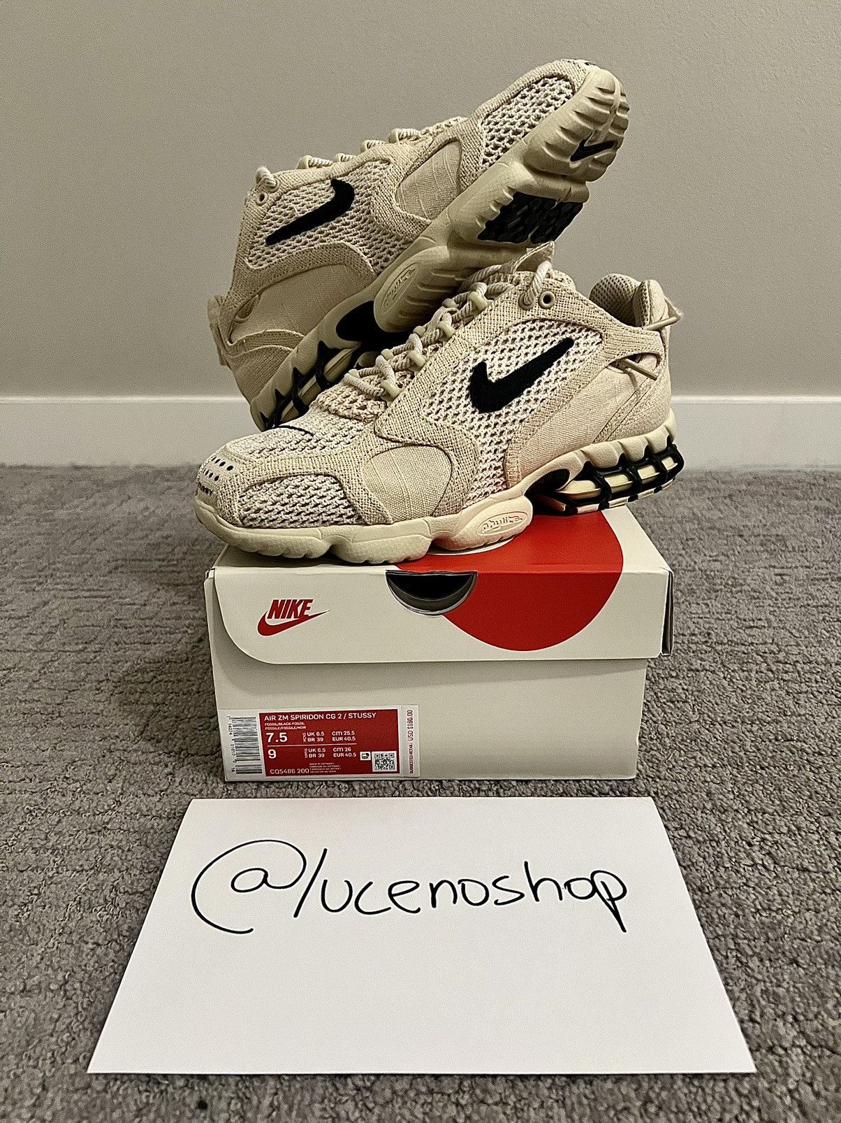 image of Pre-Owned Size 7.5 Nike Stussy X Air Zoom Spiridon Caged 2 Shoes in Beige, Men's