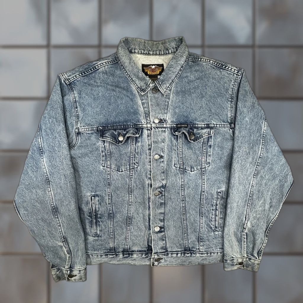 Harley Davidson VINTAGE Harley-Davidson Denim Jacket Mens 2XL Blue Eagle USA Flag Biker 90s Size US XXL / EU 58 / 5 - 1 Thumbnail
