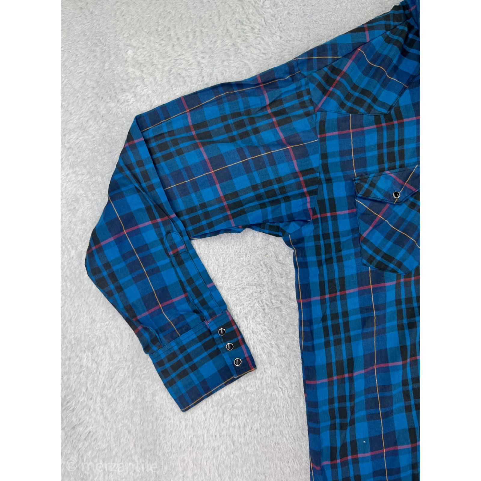 Vintage Rustler Mens Blue Plaid Long Sleeve Button-Up Shirt - X-Long Tail, Pearl Snaps, Western Cowboy, Cotton Blend, 40in Chest, Regular Fit Size US XL / EU 56 / 4 - 7 Thumbnail