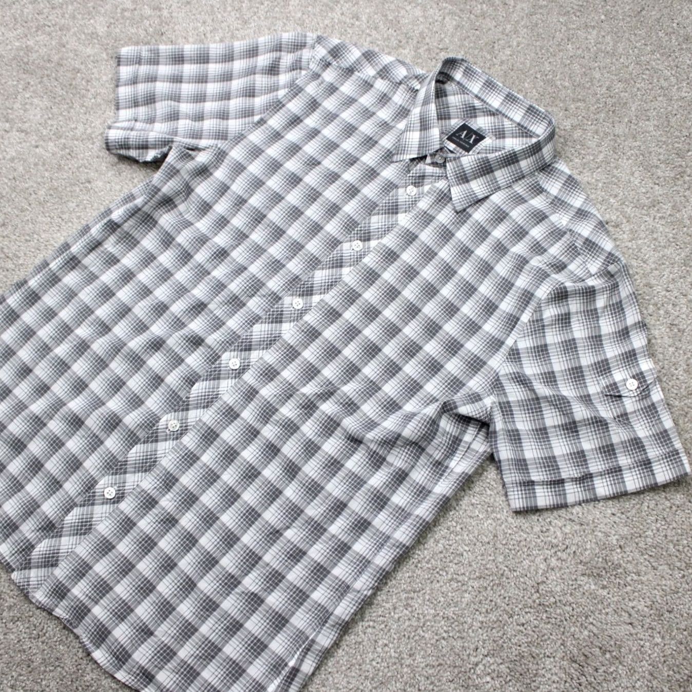 Armani Exchange A/X Armani Exchange Shirt Mens Large Gray/White 100% Cotton Short Sleeve Button-Up Plaid, Regular Fit, Casual Crew Neck? Size US L / EU 52-54 / 3 - 3 Thumbnail