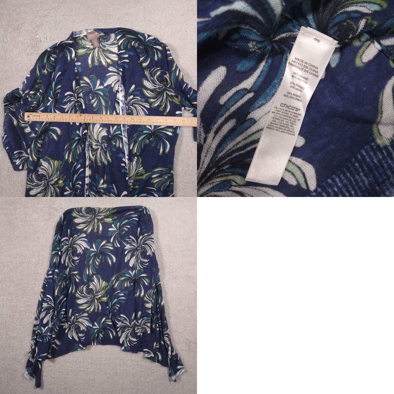 Vintage Chico's Cardigan Sweater Womens 2 Blue Floral Open Front Lightweight 3/4 Sleeve V-Neck Spring Casual Womens Size XS / US 0-2 / IT 36-38 - 8 Thumbnail