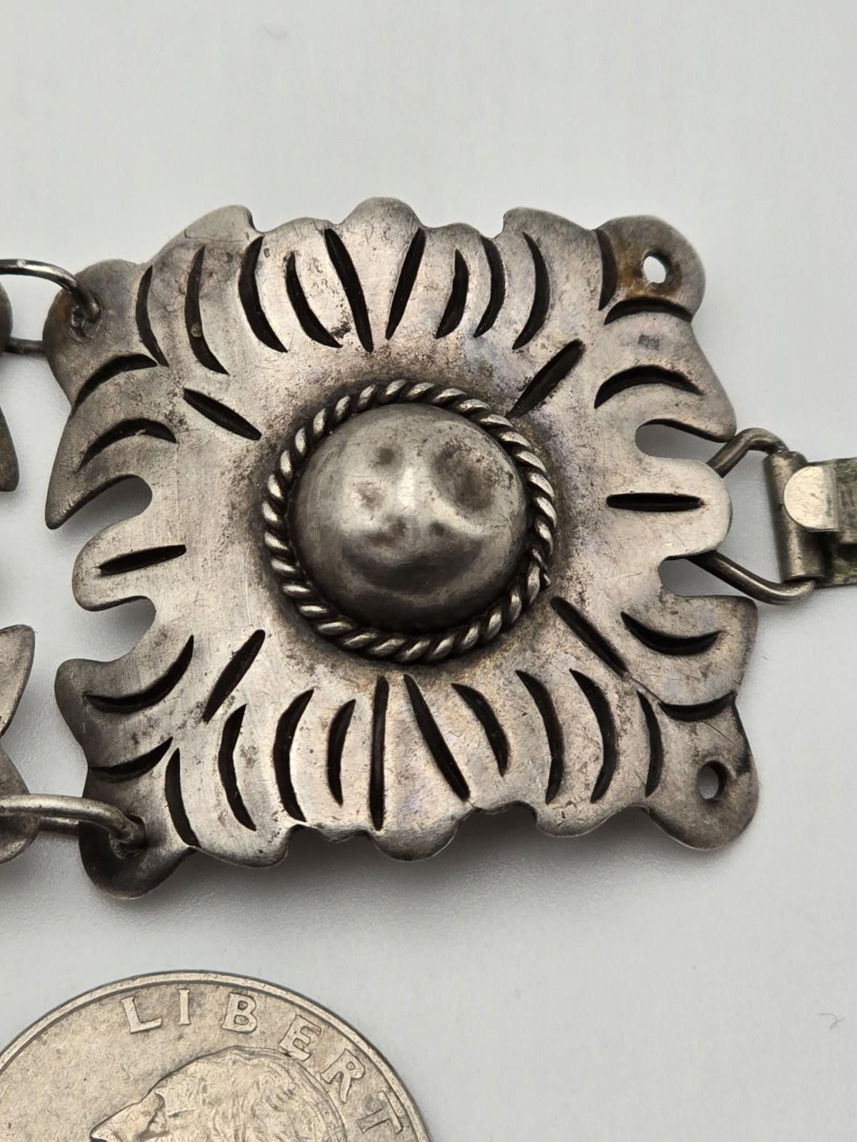 Other Vintage Mexican Silver Bracelet Hand-Stamped Floral 50s Size ONE SIZE - 5 Thumbnail
