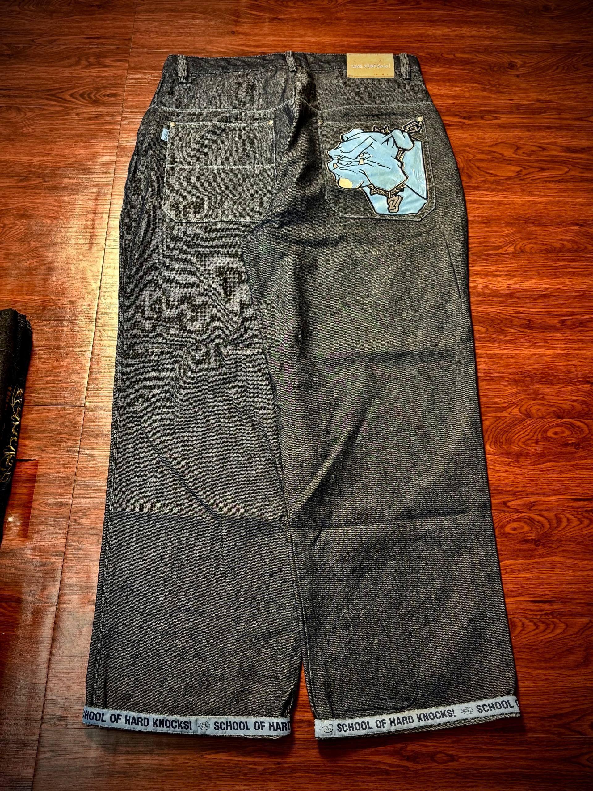 JNCO Vintage 00s SOHK Bulldogs Lace Back Hit Logo Denim Pants Size US 38 / EU 54 - 1 Thumbnail