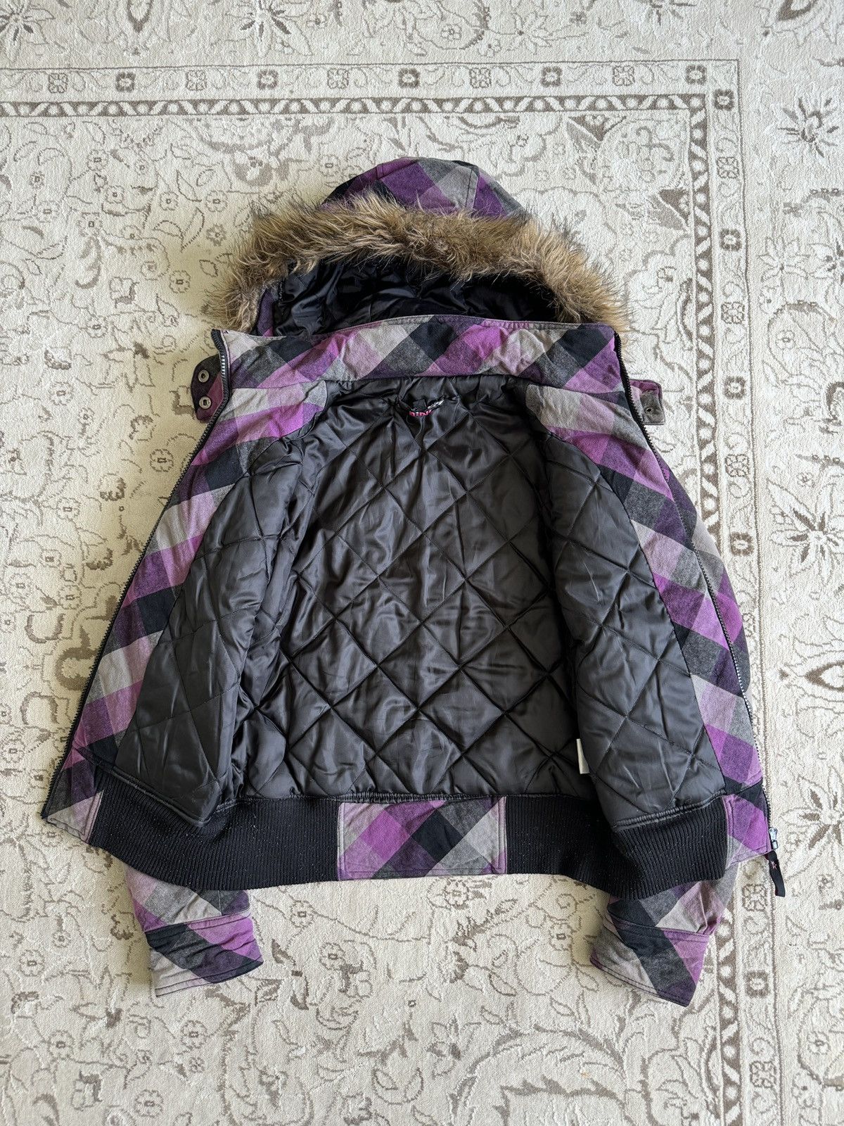 Hysteric Glamour Vintage Fur Hood Plaid Canvas Crop Jacket Punk Goth Emo Y2K Size S / US 4 / IT 40 - 8 Thumbnail