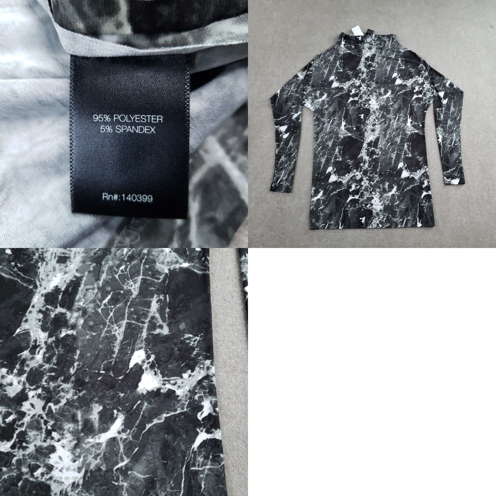 Norma Kamali KAMALIKULTURE x NORMA KAMALI Dress Womens L Black Marble Sheath Mock Neck Knee Length Sleeve Long Pattern Tie Dye Jersey Polyester Spandex Vintage No Size L / US 10 / IT 46 - 8 Thumbnail
