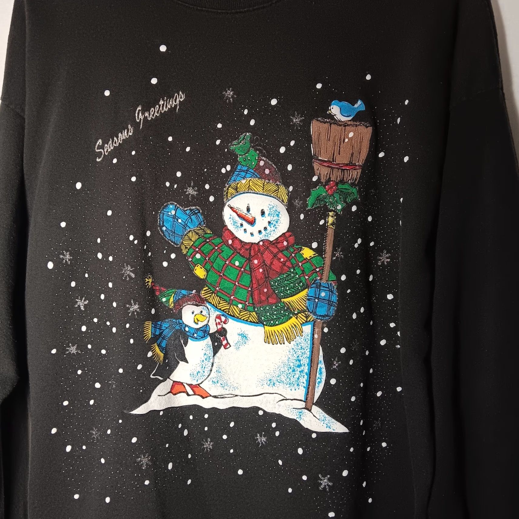 Vintage VINTAGE Holiday Time Sweatshirt XL Black Mock Neck Snowman Penguin Seasons Greetings Christmas Winter Puffy Graphic Glitter Womens Size XL / US 12-14 / IT 48-50 - 2 Thumbnail