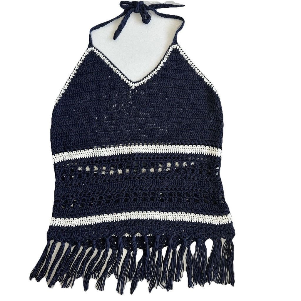 Other Y2K Lovemarks Halter Top Crochet Large Navy Stripes Tasseled Size L / US 10 / IT 46 - 1 Thumbnail