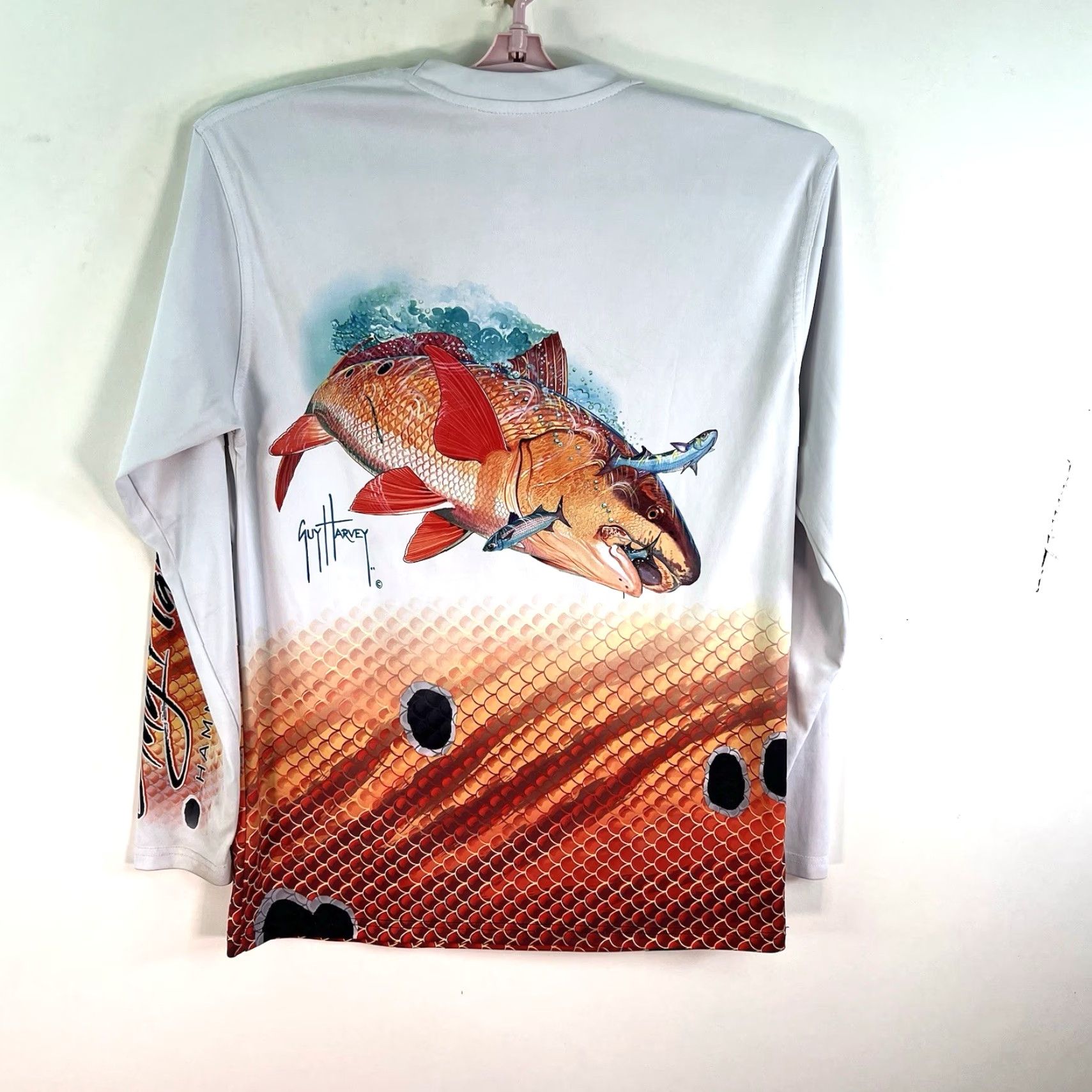Guy Harvey Guy Harvey T-Shirt Mens SZ S White Hammer Head AOP Logo Fish Crew Neck Long Sleeve Polyester Knit All Seasons Size US S / EU 44-46 / 1 - 2 Thumbnail