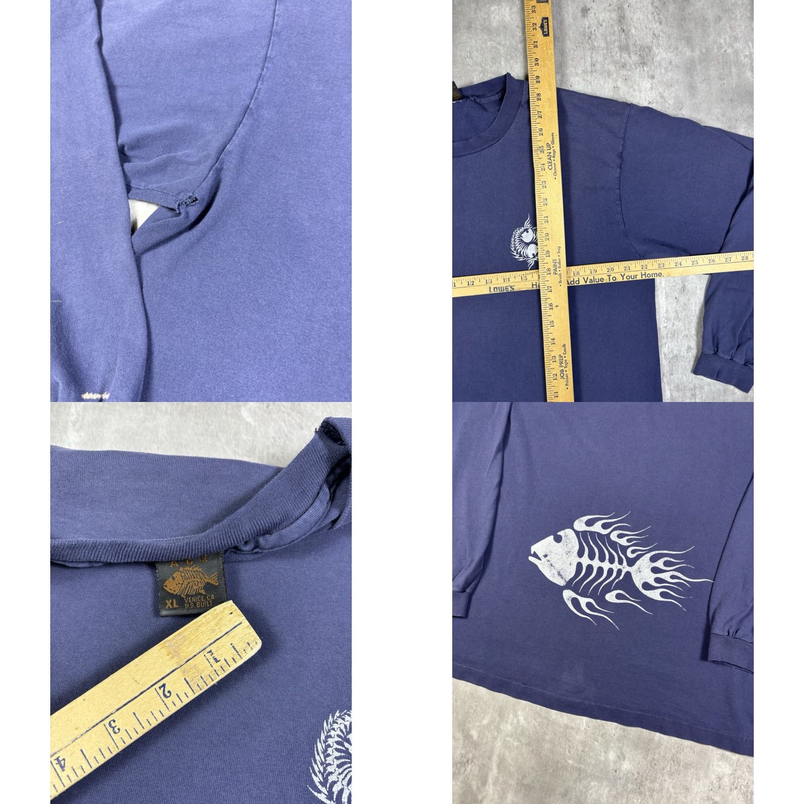 Bones VINTAGE 90s Fish Bone Long Sleeve T Shirt XL Blue Cotton Knit Men's Shirt Regular Size US XL / EU 56 / 4 - 8 Thumbnail