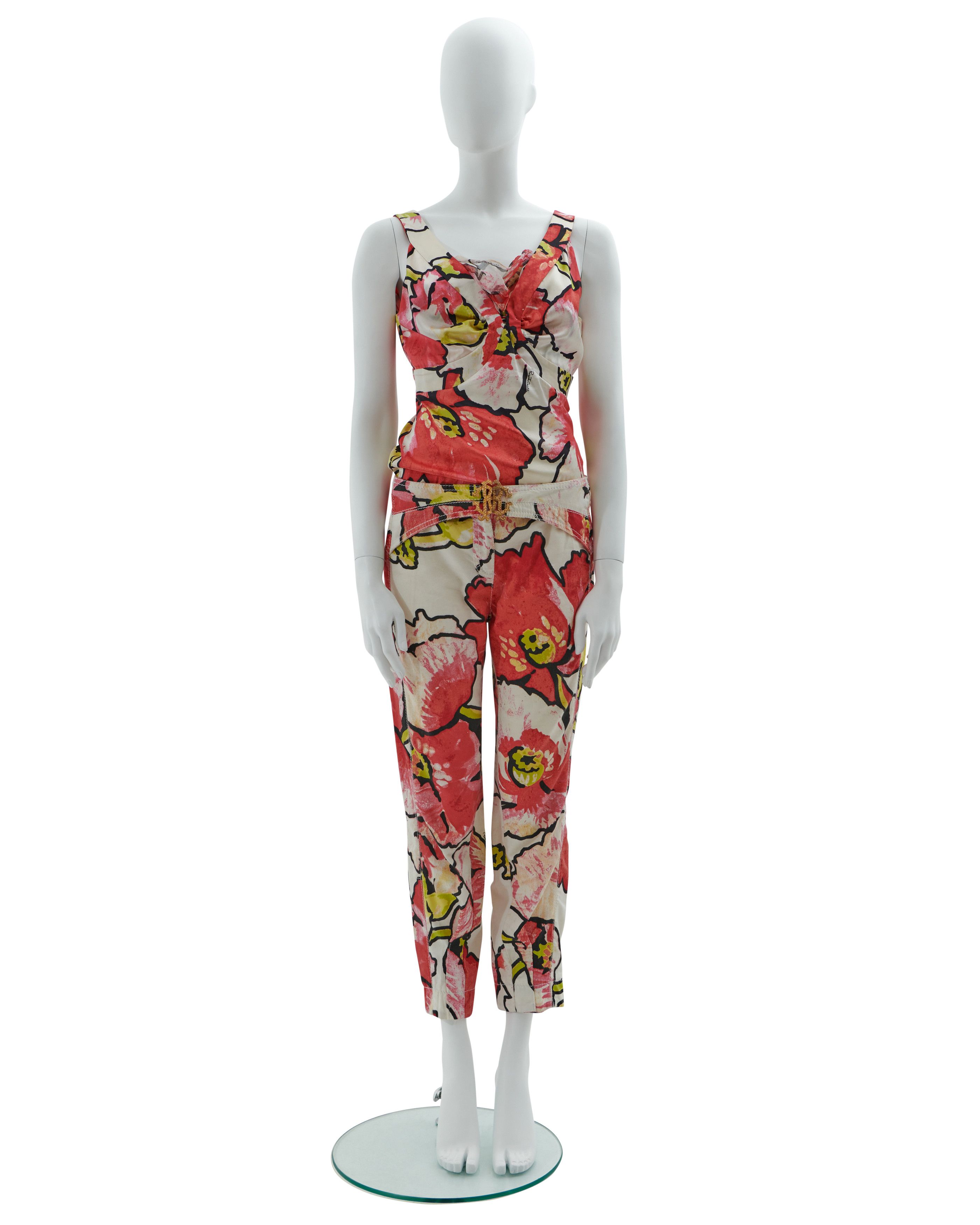 Roberto Cavalli S/S 2005 Red floral print top and pants set Size S / US 4 / IT 40 - 1 Thumbnail