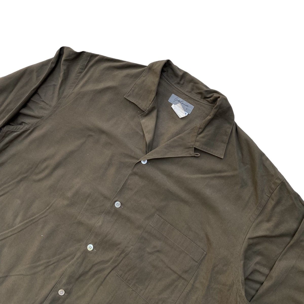 image of Yohji Yamamoto Vintage 90’S Open Collar Cotton L/s Oversize Shirt in Khaki Green (Size Medium)