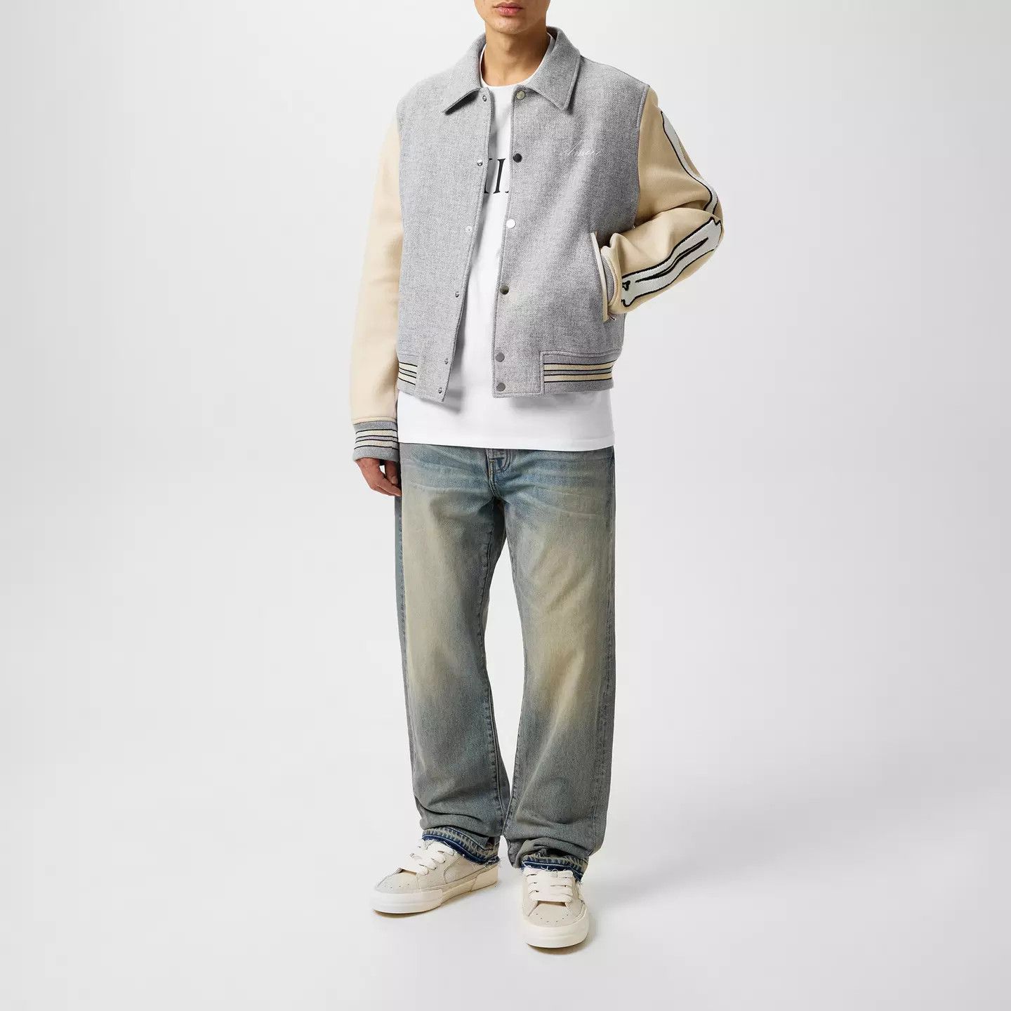 Amiri o1g2r1mq0426 Bones Wool Varsity Jacket in Grey/Ivory Size US L / EU 52-54 / 3 - 6 Thumbnail