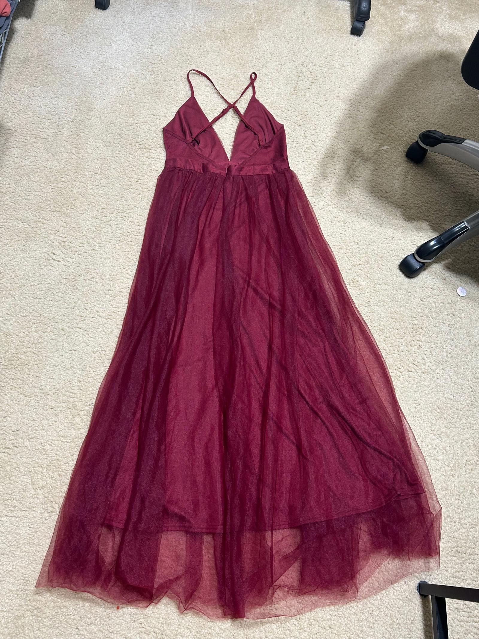 Designer Burgundy Tulle Maxi Dress, Size M - Elegant Strappy Back Size M / US 6-8 / IT 42-44 - 6 Thumbnail