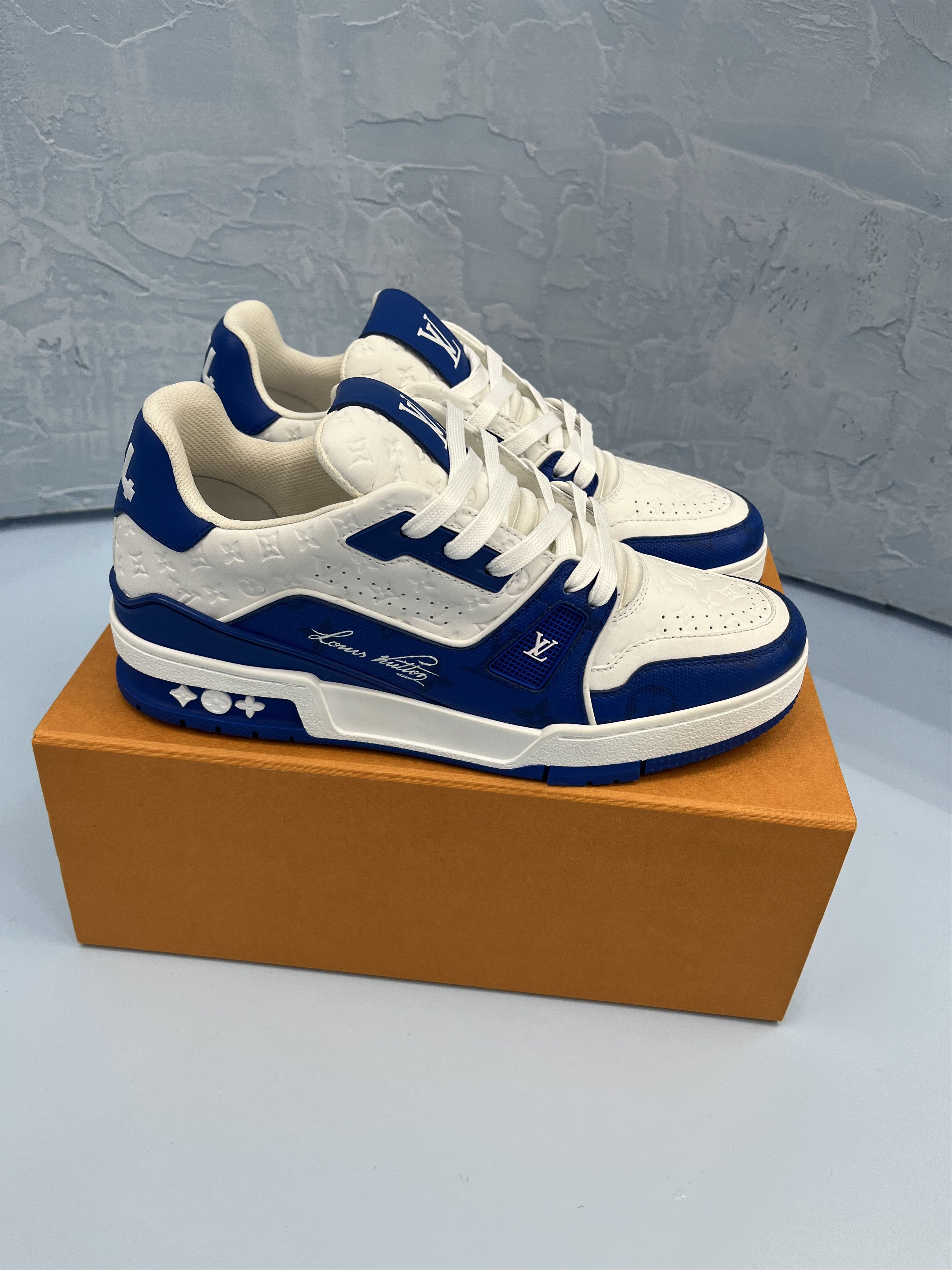 image of Louis Vuitton Trainer 54 Signature Blue White Shoes in Blue/White, Men's (Size 6)