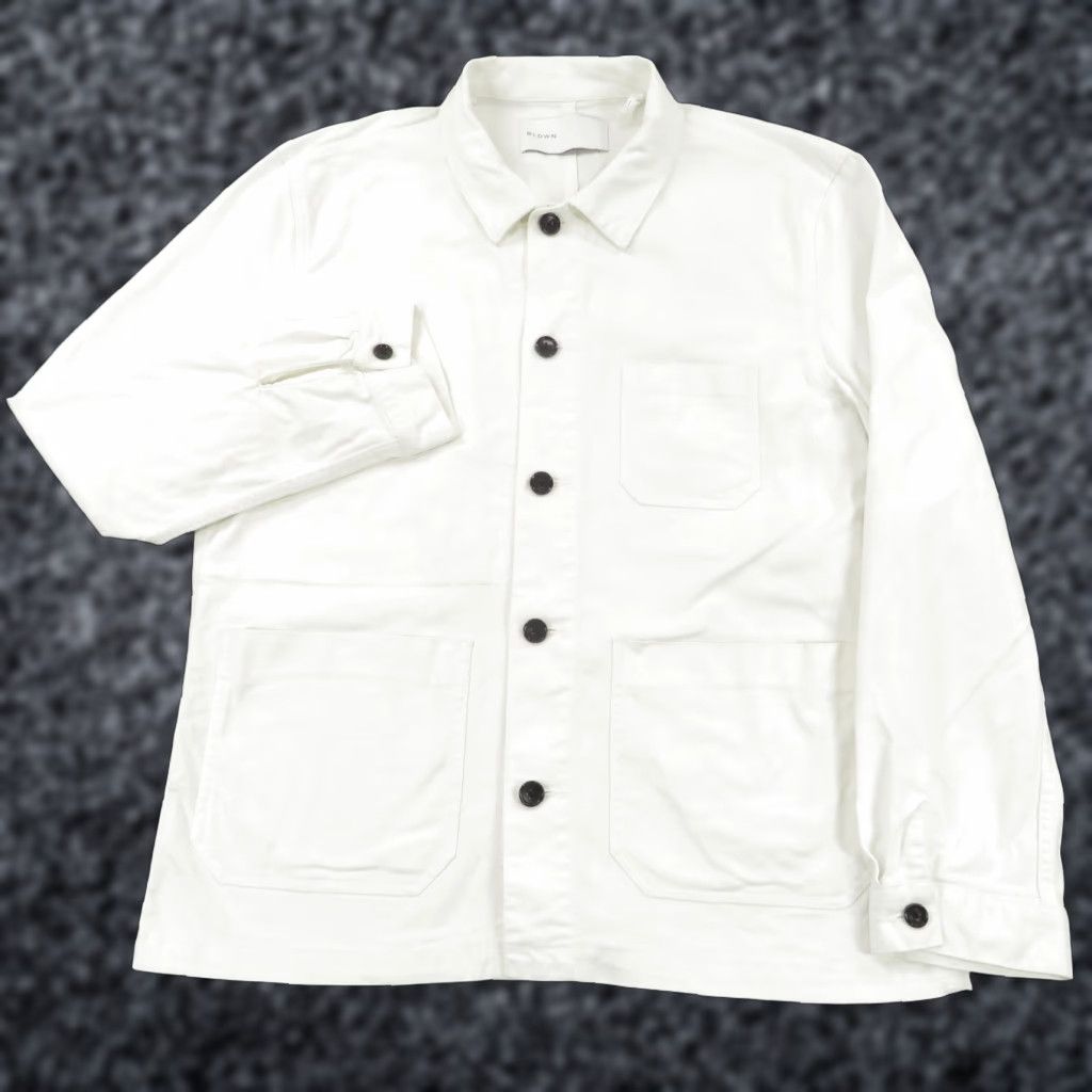 BLDWN Jacket Mens Medium White Denim Chore Utility Shacket Coat 90s Vintage USA Designer Classic Shacket Casual Workwear