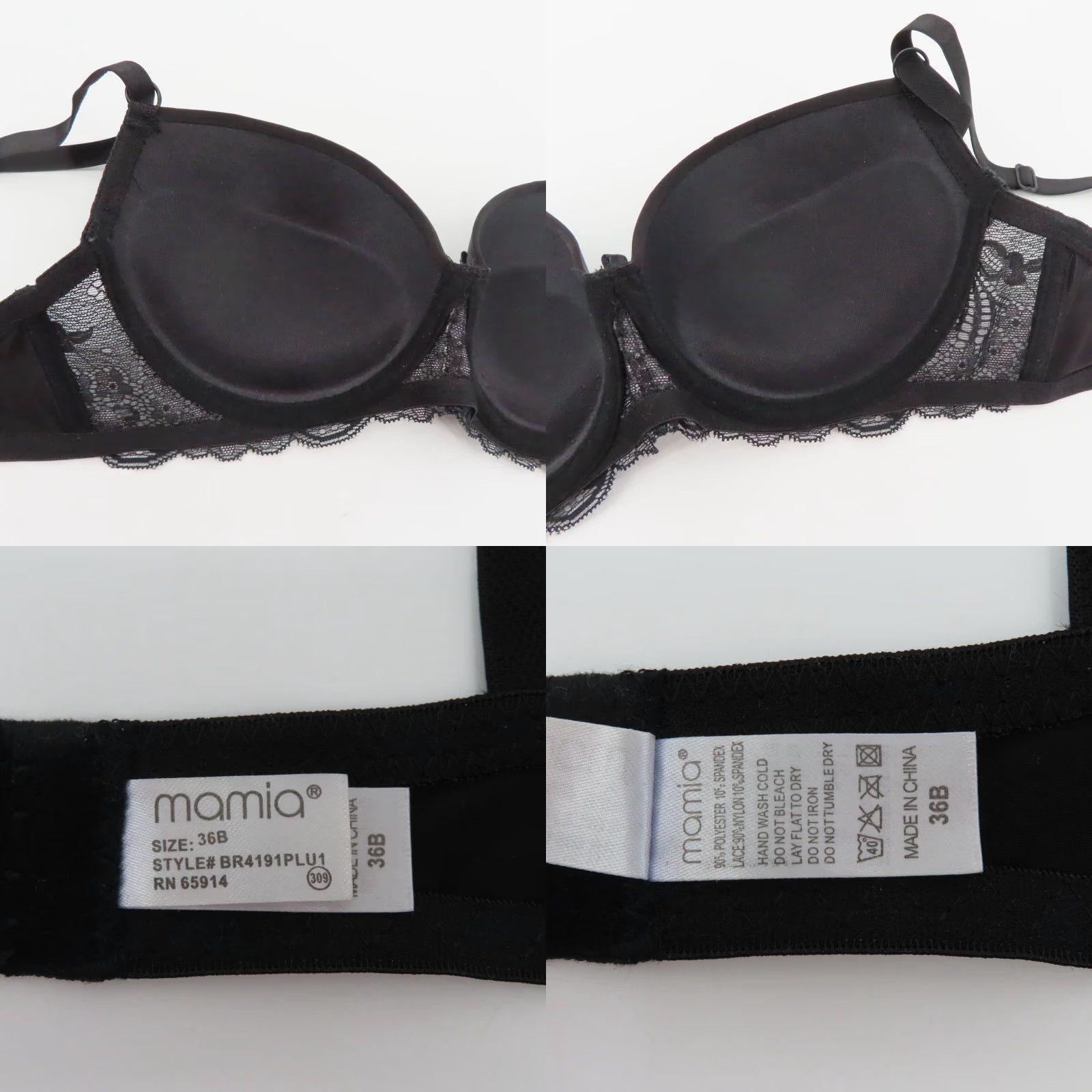 Vintage Mamia Bra 36B Solid Black Underwire Padded Lace Bow Style BR41919PLU1 Push Up Womens Size ONE SIZE - 8 Thumbnail