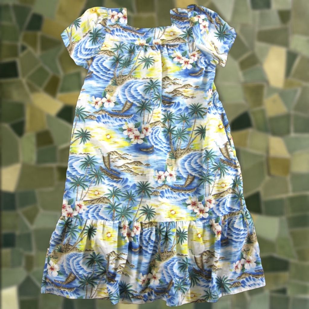 Vintage VINTAGE KY'S Hawaii Blue Yellow Pink Palm Tree Floral Short Sleeve Midi Dress XL Size 40" / US 18 - 1 Thumbnail