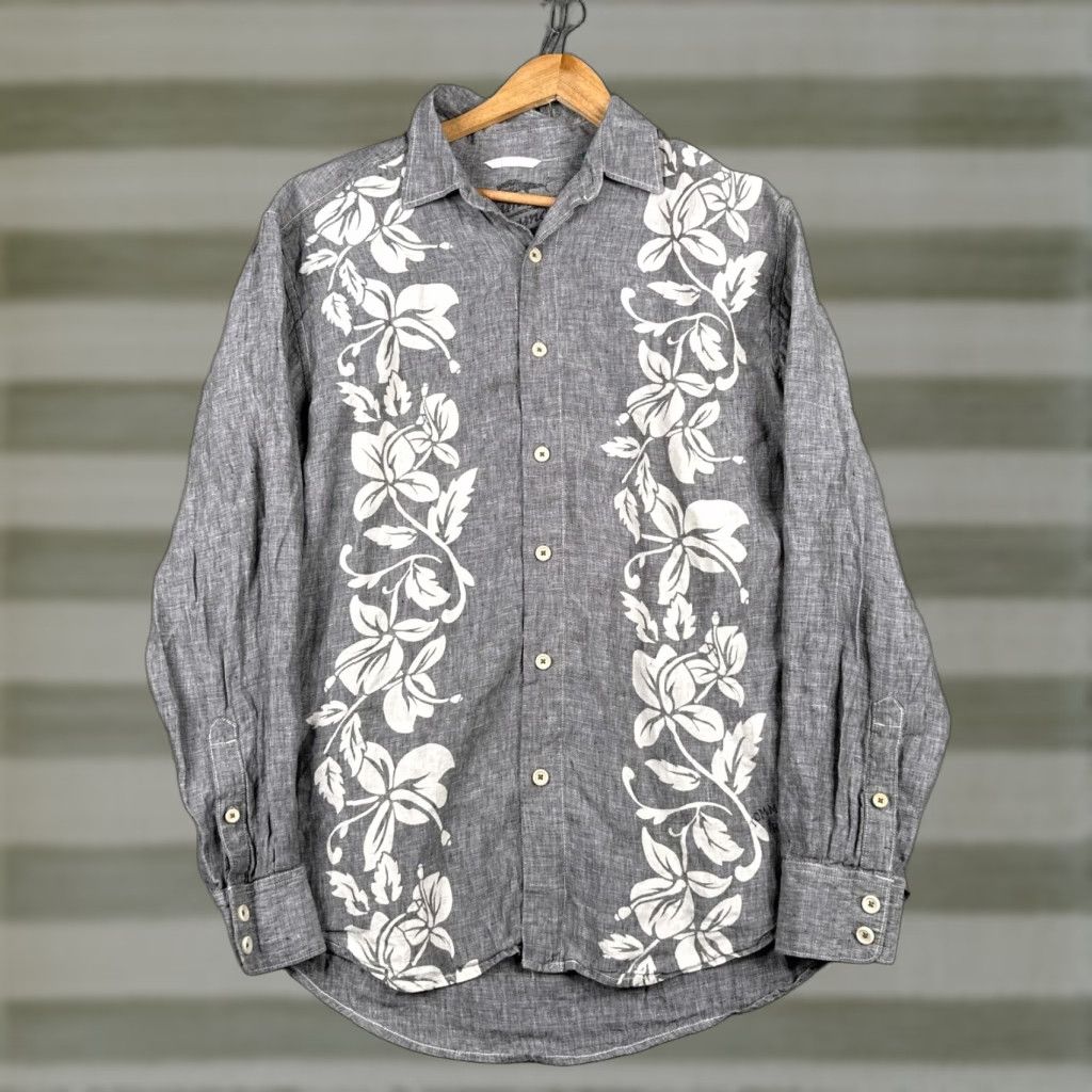 Tommy Bahama Hawaiian Shirt Mens Large L Gray Floral Linen Long
