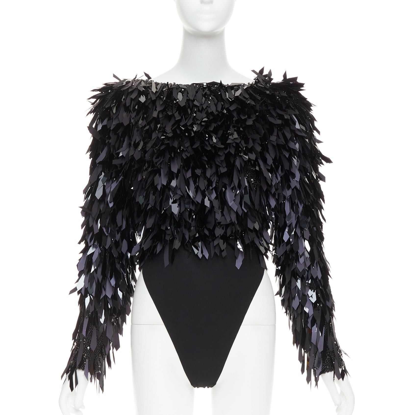 Alexandre Vauthier rare ALEXANDRE VAUTHIER COUTURE AW2023 Runway black filigree pailette bead encrusted long sleeve bodysuit top Size S / US 4 / IT 40 - 1 Thumbnail