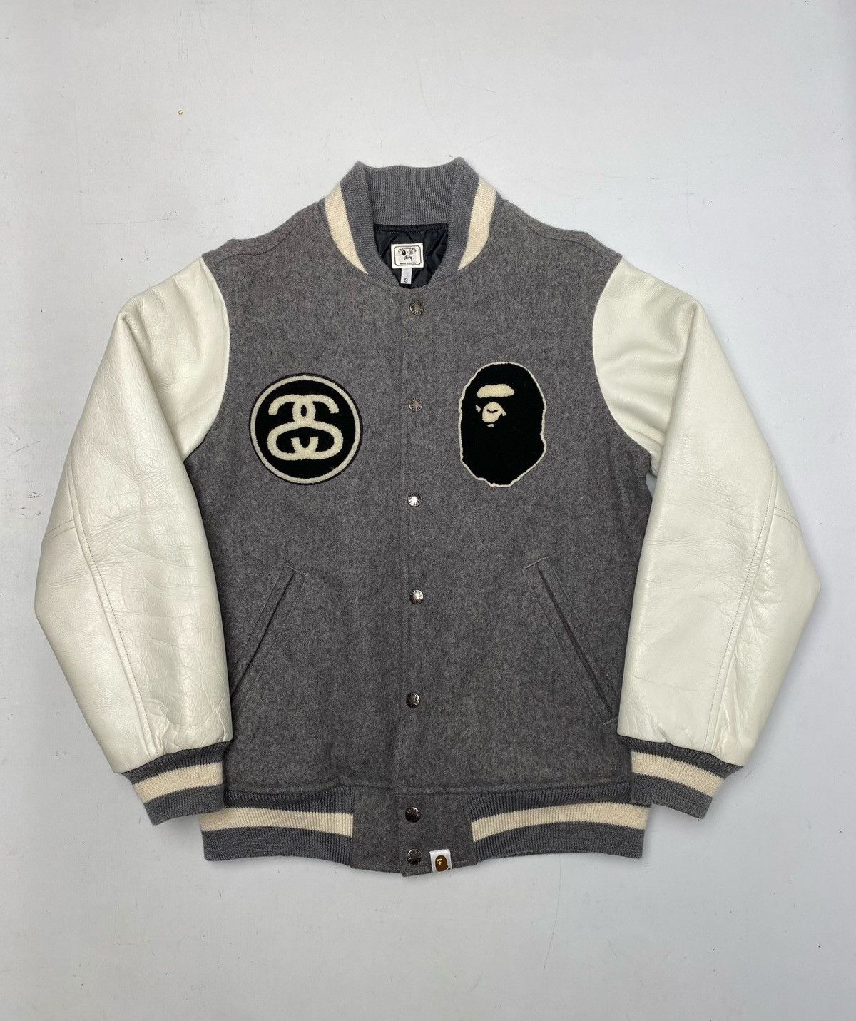 image of Bape x Stussy Varsity Jacket in Grey, Men's (Size Small)