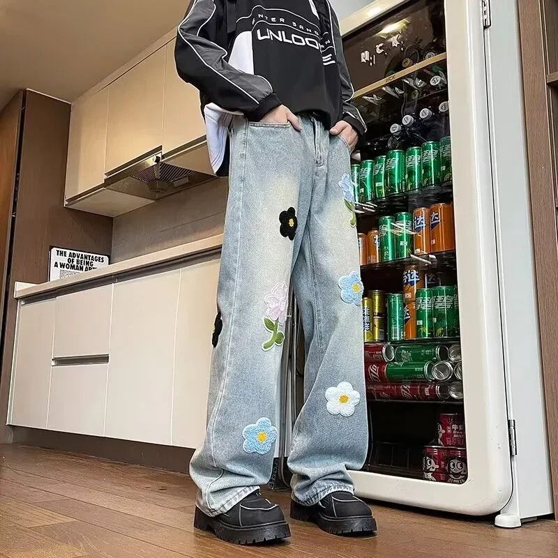 Japanese Brand Flower Embroidered Jeans Straight Wide Leg Denim Pants Size US 36 / EU 52 - 3 Thumbnail