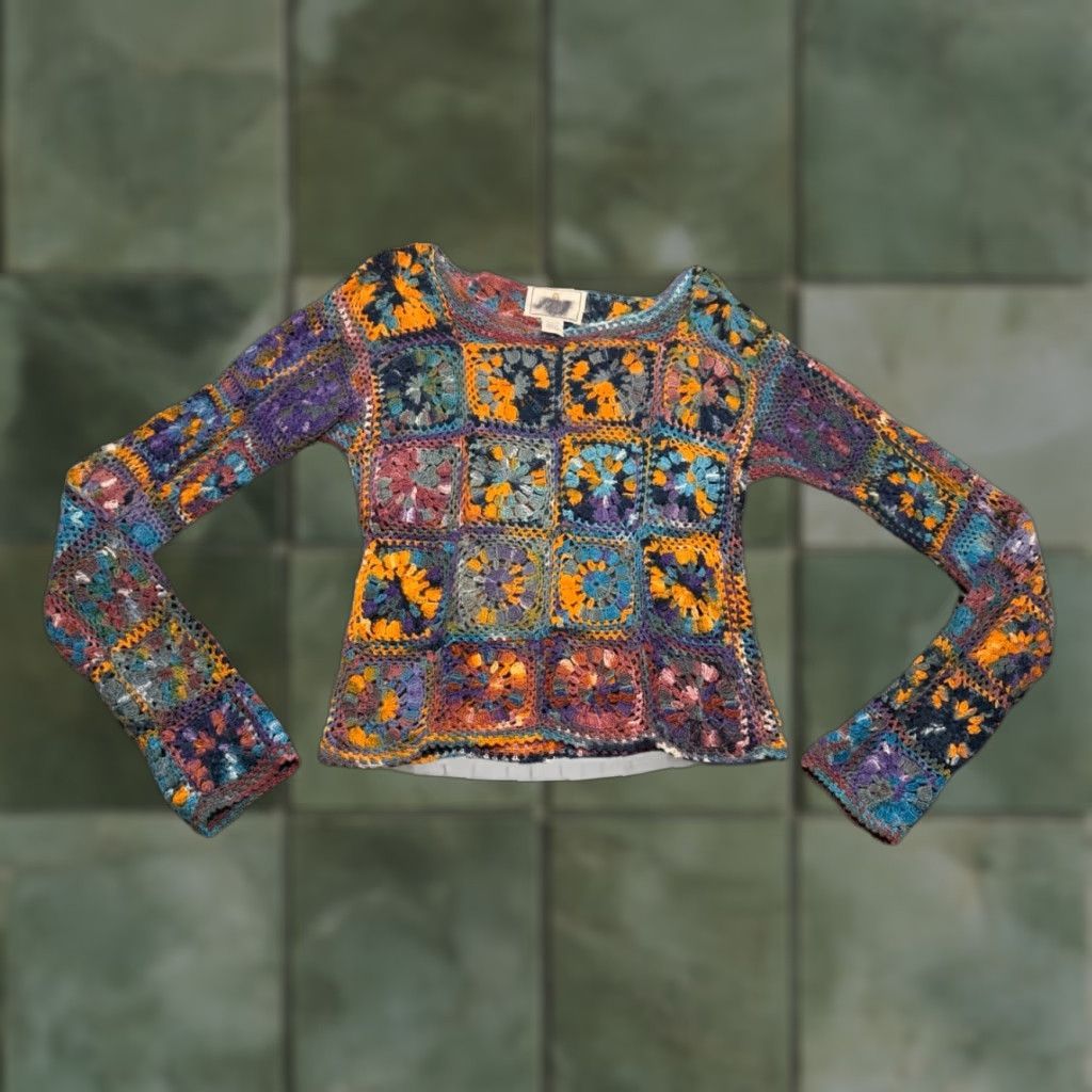 VINTAGE Express Women’s Sweater Pullover One Size Long Sleeve Multicolor Crochet Granny Square 60s 70s Colorful
