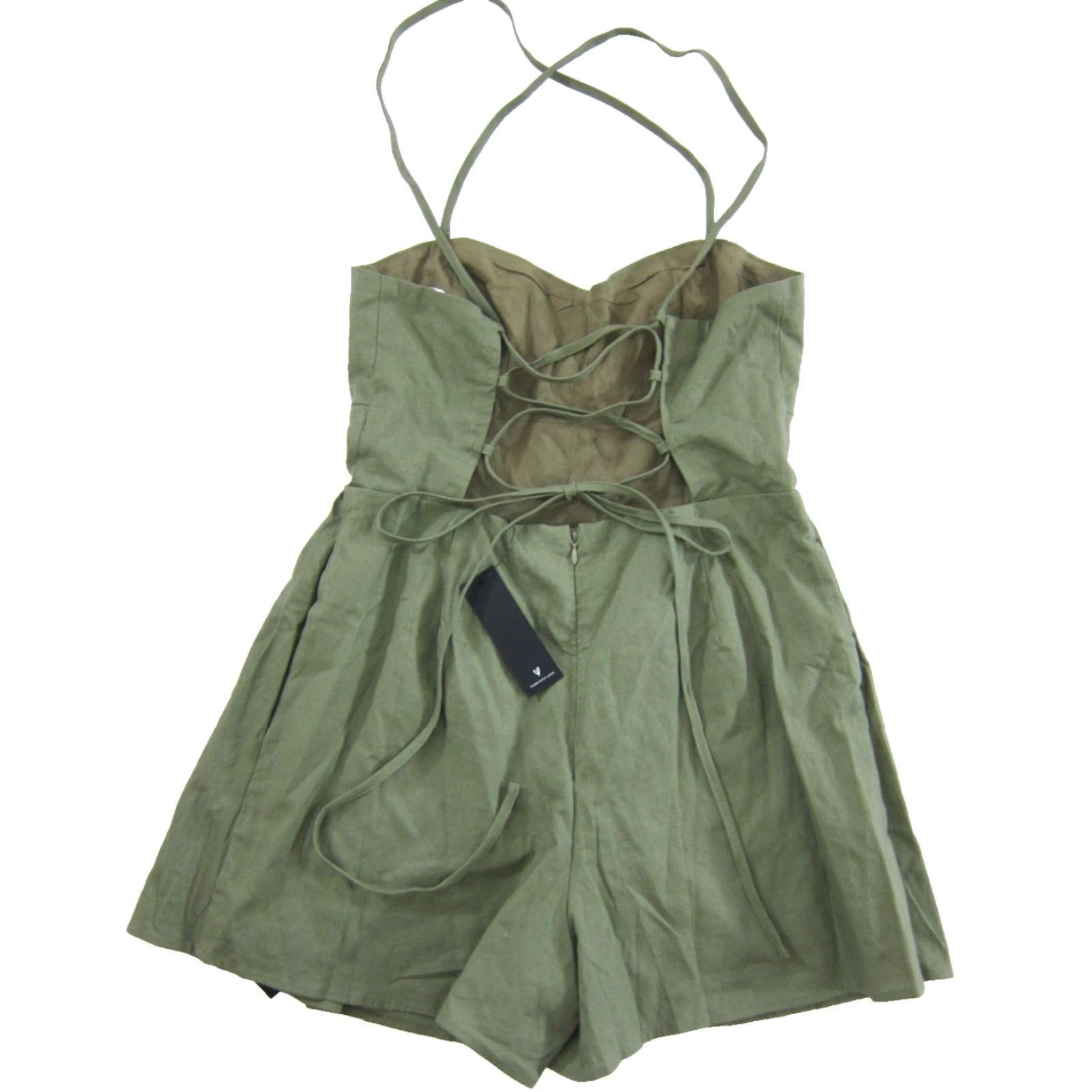 Lulus Lulus Jumpsuit Shortss Linen Cotton Army Green Criss Cross Tie Pocket NWT Large Green Pockets One-Piece Women Regular Sleeveless Wide-Leg Size 36" / US 14 / IT 50 - 2 Thumbnail