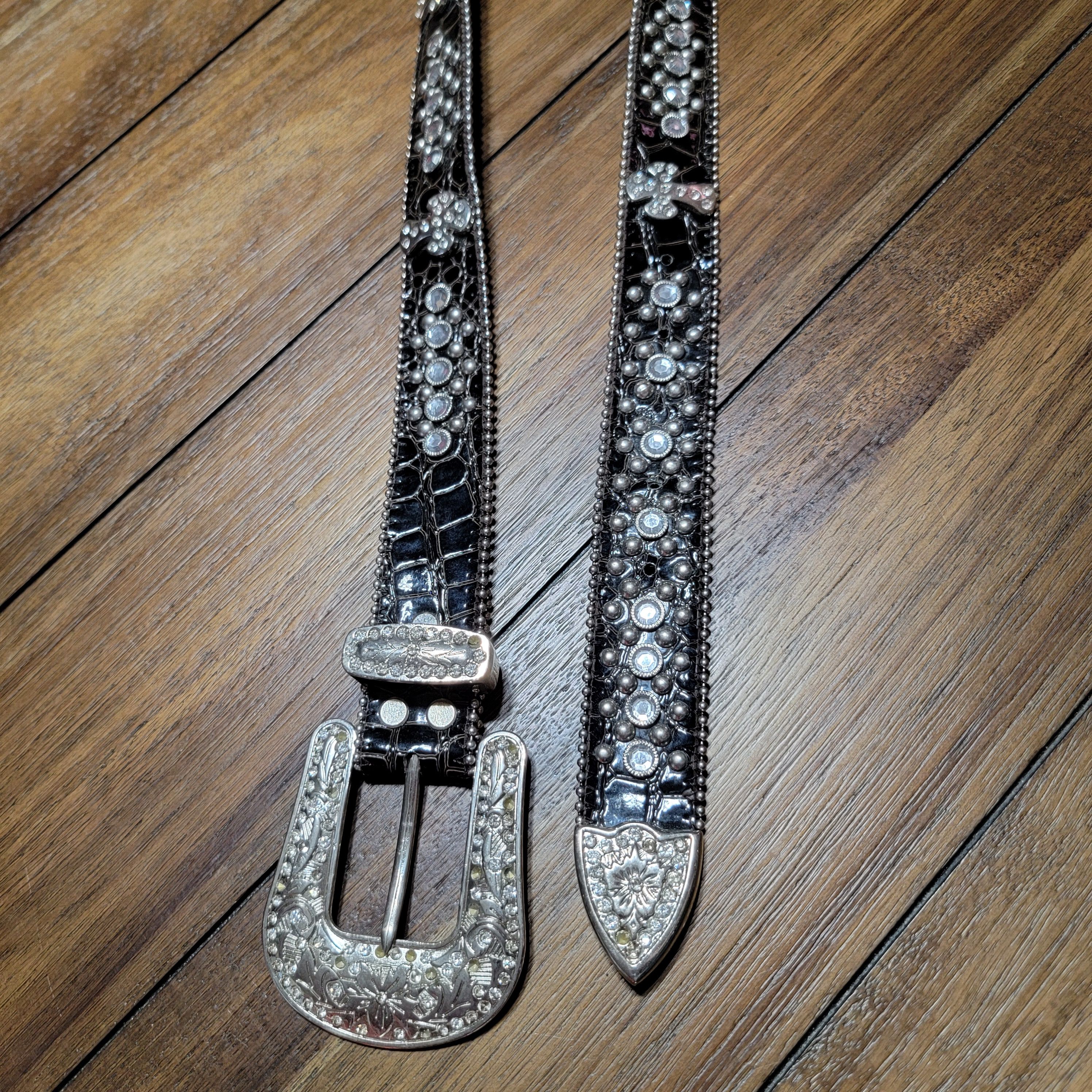 Other Heavy Leather Studded Bling Cross Western Belt wLarge Buckle Size ONE SIZE - 1 Thumbnail