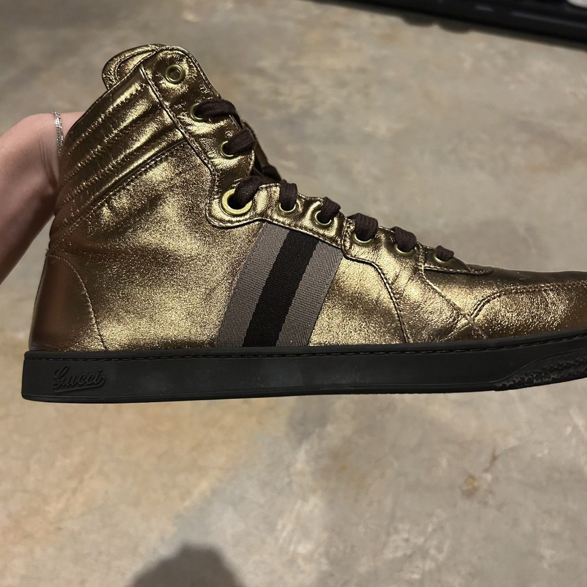 Designer × Gucci Gucci Nappa Silk Metallic Gold Web Stripe High Top Sneakers Size US 13 / EU 46 - 9 Thumbnail