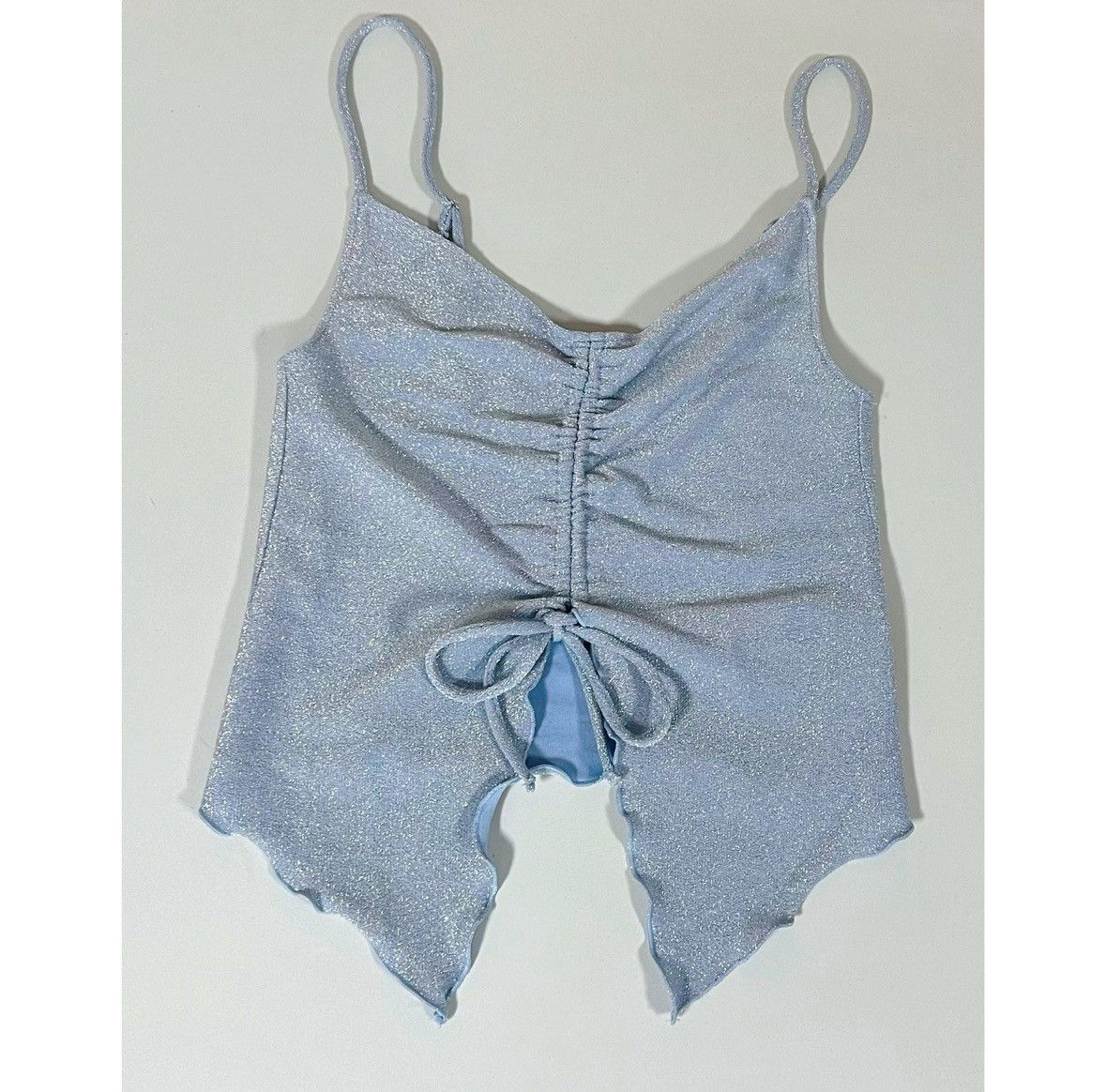 Vintage Light Blue Pastel Glitter Ruched Tie-Front Top Shirt XS 🩵 Size XS / US 0-2 / IT 36-38 - 1 Thumbnail