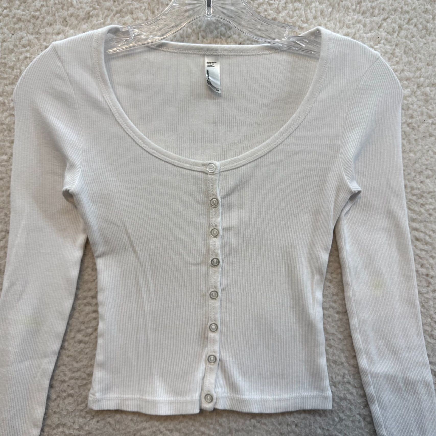 American Apparel VINTAGE American Apparel Long Sleeve Shirt XS White Rib Knit Button Up Basic Women Size XS / US 0-2 / IT 36-38 - 3 Thumbnail