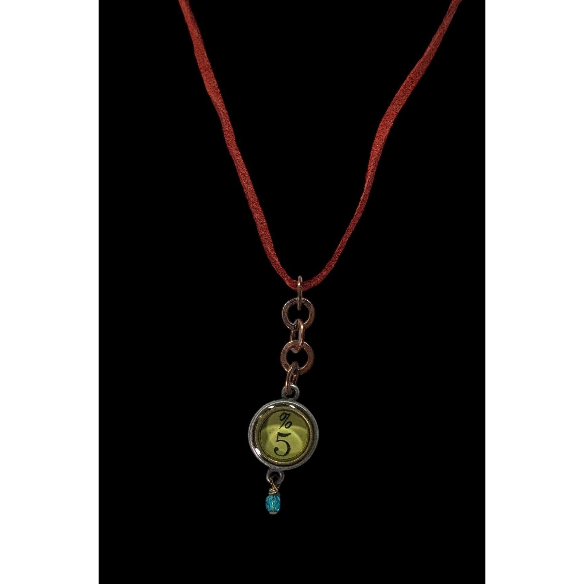 Handmade Handcrafted Steampunk Red Suede Necklace With %5 Green Charm Size ONE SIZE - 2 Thumbnail