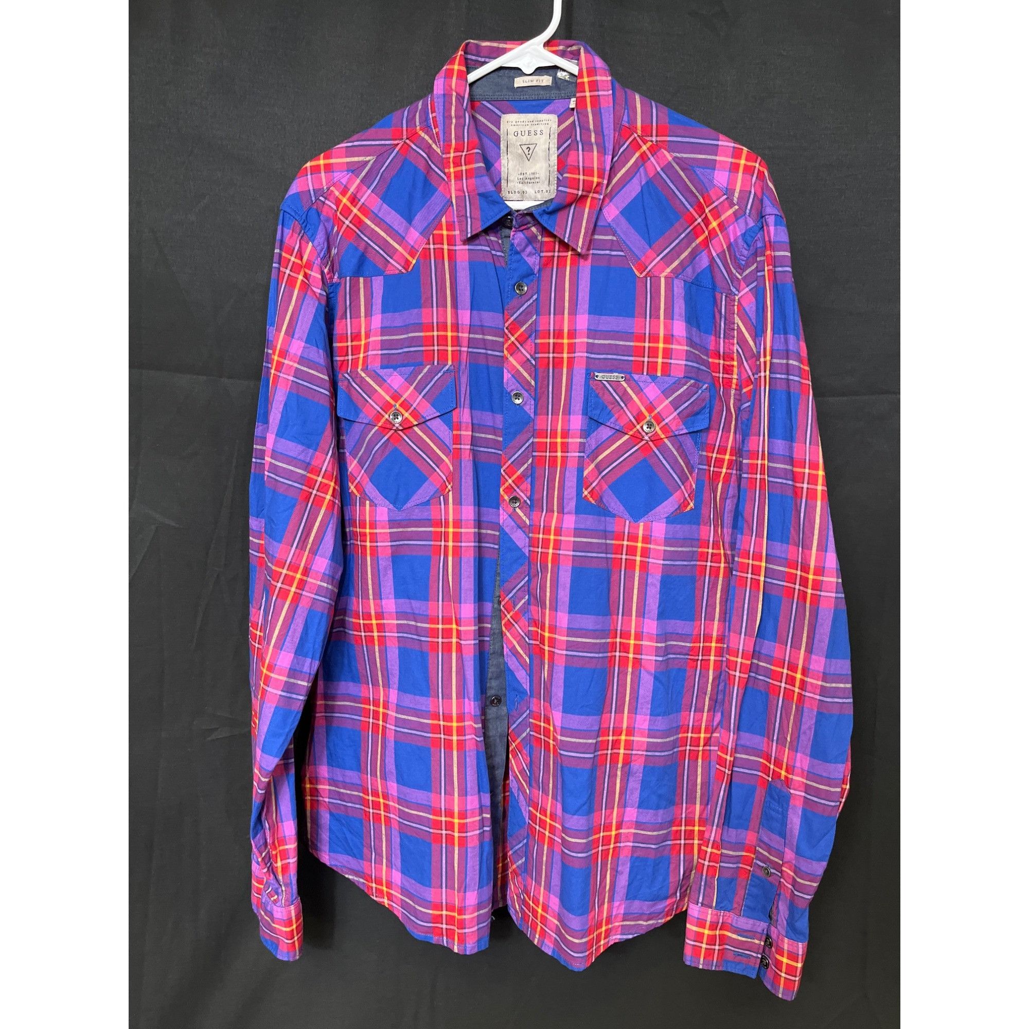 Guess Guess SKU 7659 Mens Long Sleeve Pink and Blue Plaid Button U Size US XL / EU 56 / 4 - 1 Thumbnail