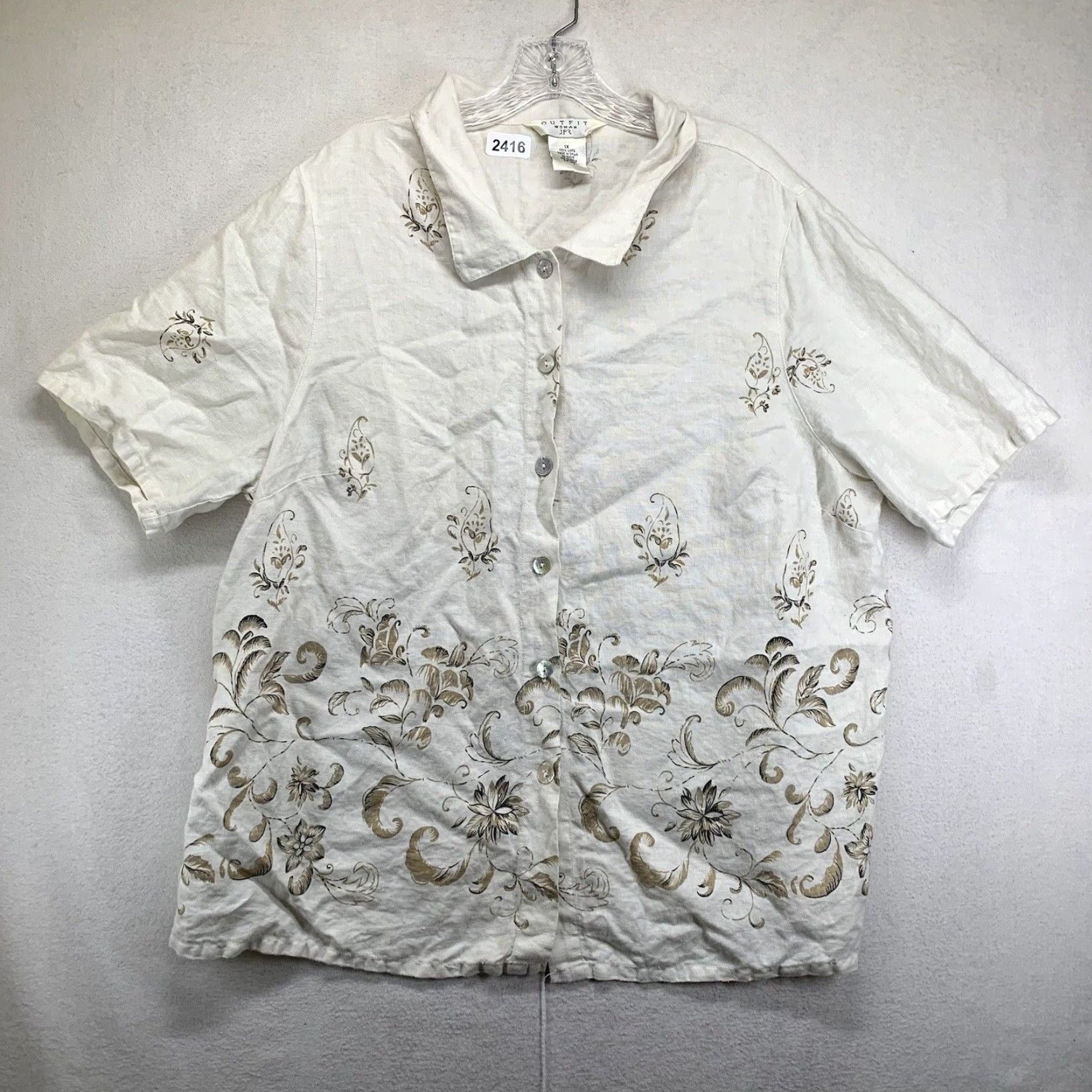 Vintage VINTAGE Outfit JPR Women’s All Linen Top Button-Up 1X Ivory Floral Paisley Pearl Button Bohemian Short Sleeve Casual Shirt Size XL / US 12-14 / IT 48-50 - 2 Thumbnail