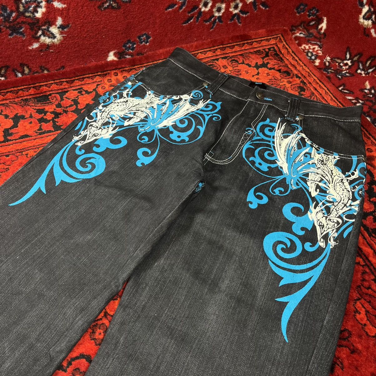 Other Raw Blue Jeans Y2K Turquoise Blue Baroque Skull Wing Graphic Size US 36 / EU 52 - 3 Thumbnail